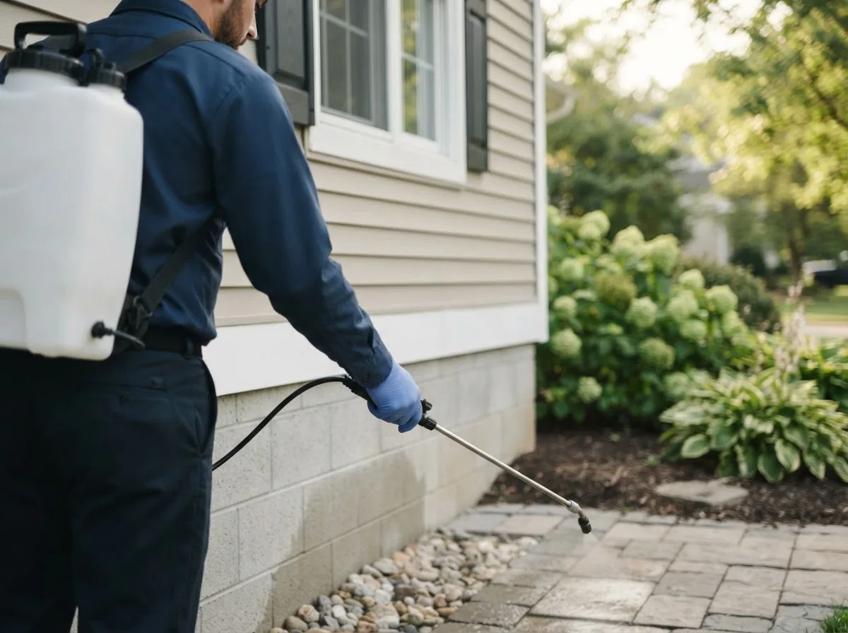 Pest control technician inspecting a home in Port Jefferson, OH